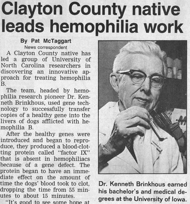 An article clipping about Dr. Brinkhous treating hemophilia B