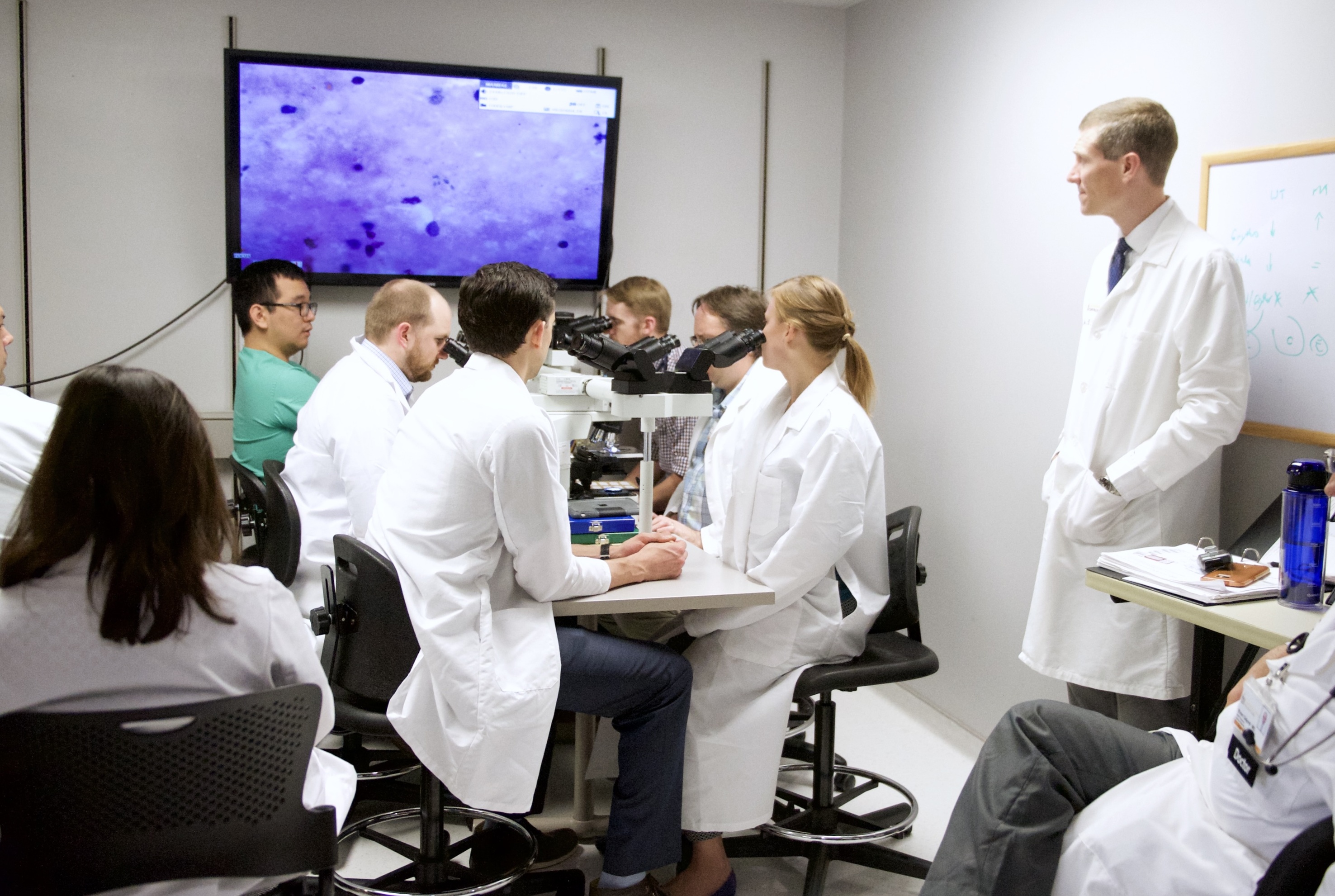 A group of people looking at microscopes in the micro lab