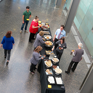 People in line for the buffet in the MERF