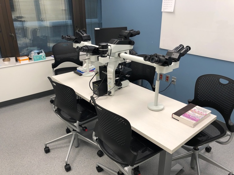 A desk with some microscopes