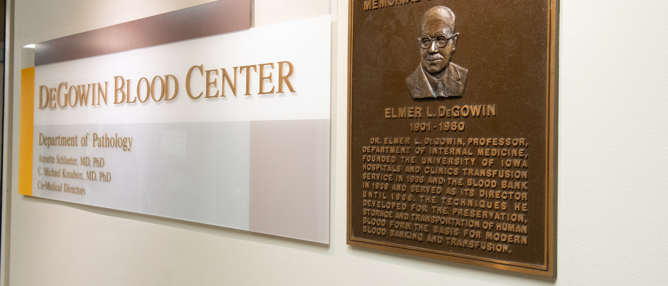 The sign outside of the Blood Center