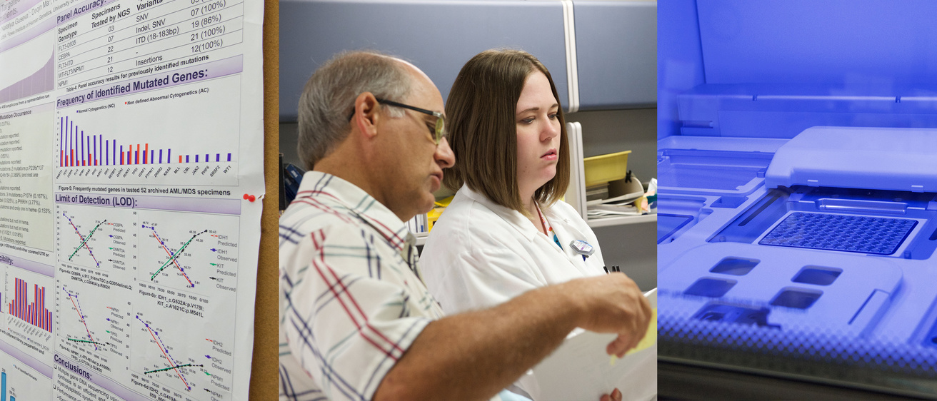 A collage featuring a research poster, a doctor and a lab technician, and lab equipment