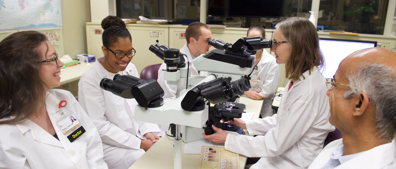 Group of faculty and trainees looking through microscopes