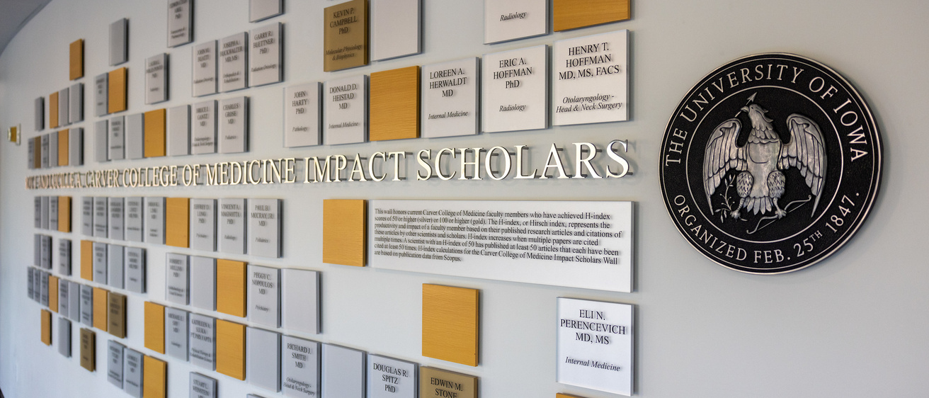 A wall featuring plaques commemorating impactful scholars